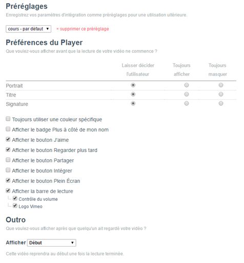 Paramètres intégration Vimeo