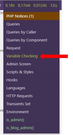Le menu de Query Monitor avec un élément Check Variable