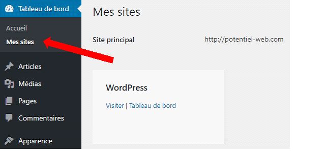Le menu "mes sites" dans le tableau de bord WordPress Multisite