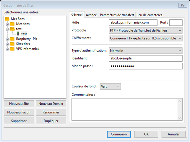 Réglage de Filezilla pour un accès FTP à un hébergement Infomaniak