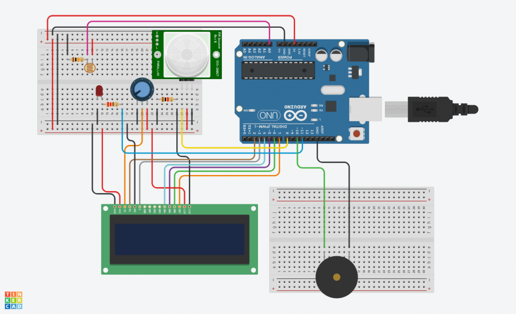 Le schéma complet du montage Arduino + détecteur de mouvement + détecteur de luminosité + écran LCD + LED rouge + haut-parleur