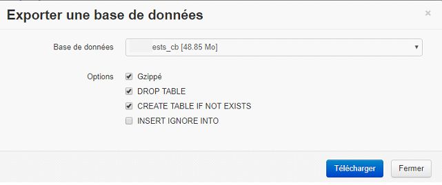 Infomaniak : exporter une base de données, réglage des options